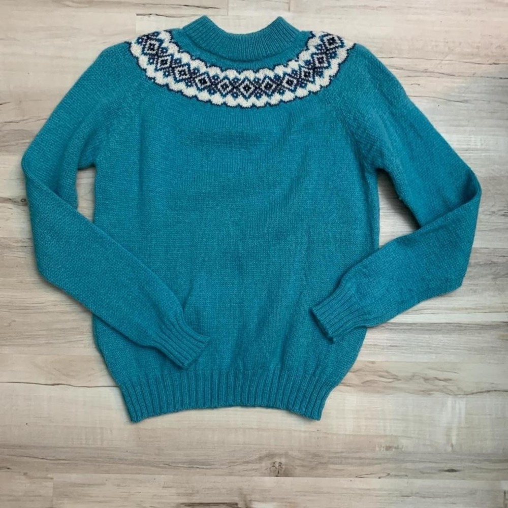 Vintage 1970s Fair Isle knit sweater teal Sheltand‎ wool